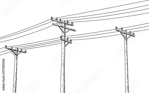 Utility poles silhouette, staggered height, taut power lines, crossarms, transmission network, electricity grid, infrastructure system, rural urban