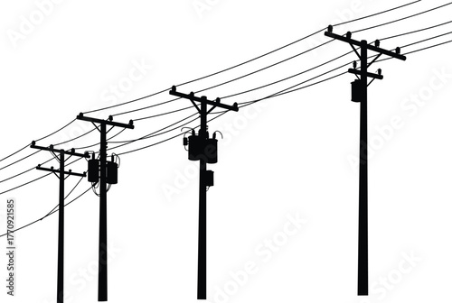 Utility poles silhouette, parallel power lines, transformer boxes, crossarms, electricity grid, infrastructure system, tension cables, white