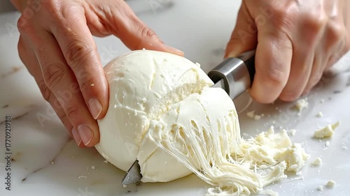 Cutting Fresh Mozzarella Cheese with Knife on Marble