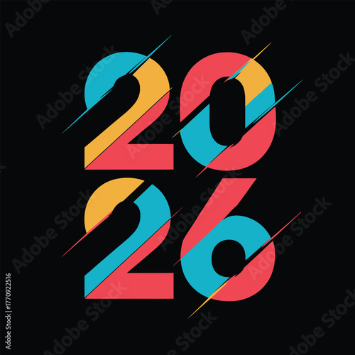 Vibrant abstract colorful numbers 2026 in a glitch art style with diagonal lines and a dark background representing the upcoming new year celebration and future planning