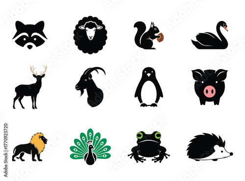 A charming collection of twelve stylized black silhouette animal illustrations featuring a raccoon sheep squirrel swan deer goat penguin pig lion peacock frog and hedgehog all on a white background