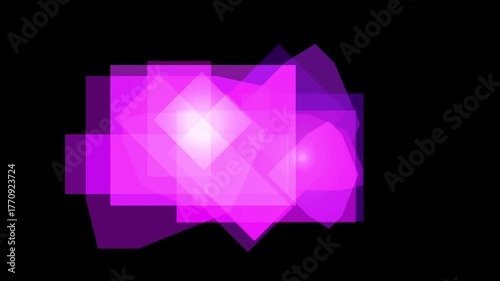 Abstract composition of overlapping translucent purple squares and rectangles against a black background, creating a sense of depth and dimension