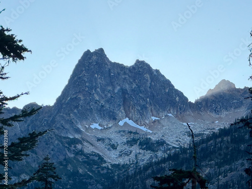 Glacier view framed by leafy trees in Mount Rainier National Park.USA, Washington july 19 2025.