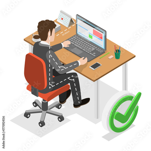 3D Isometric Flat Vector Illustration of How To Sit At Desk, Advice For Office Workers On Correct Sitting Posture. Item 1