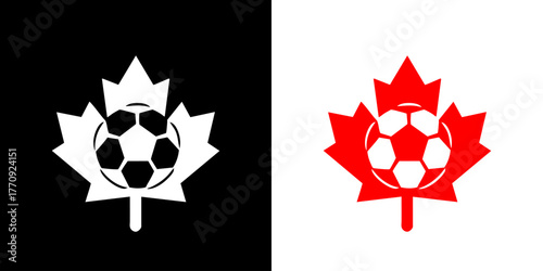 Modern canadian football emblem with maple leaf and soccer ball icon for patriotic national team identity
