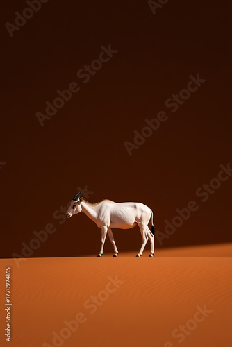 Elegant Arabian oryx standing out with its white fur against the vibrant backdrop of sandy desert dunes. A testament to resilience in arid landscapes.