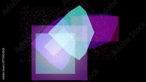 Abstract geometric shapes with a purple and teal gradient overlayed with a speckled texture on a black background