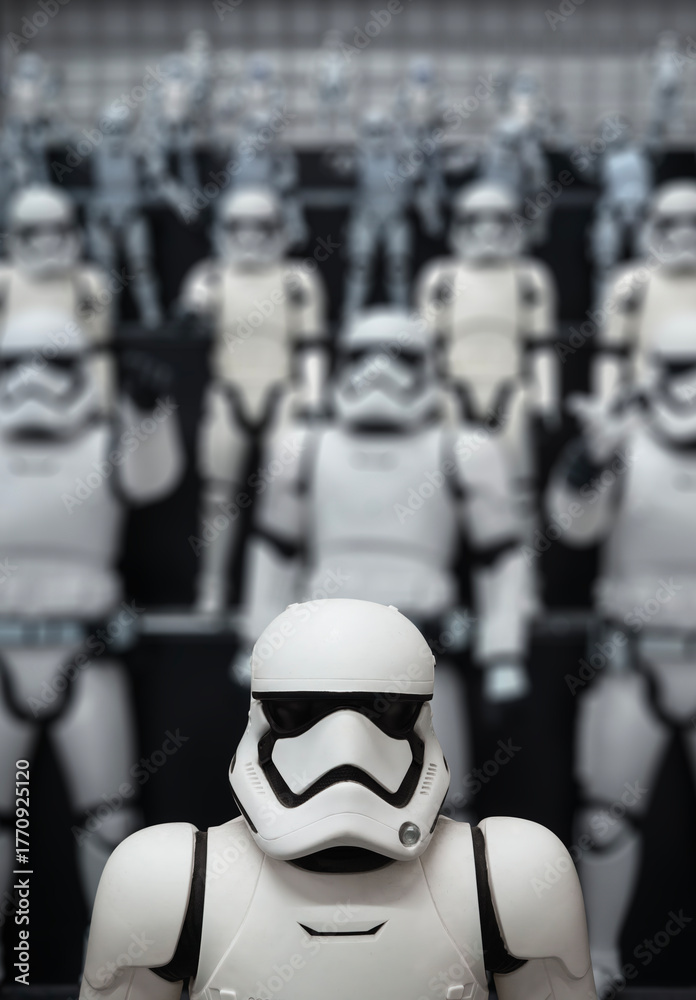 Naklejka premium tokyo, akihabara - sep 22 2025: A stormtrooper figure from George Lucas’s Star Wars spotlighted at Yodobashi Camera’s japanese pop culture floor with a shallow depth of field adding cinematic depth.