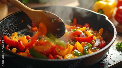 Cooking Colorful Bell Peppers and Onions in Pan
