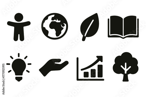 Education and sustainability solid icon set with global, eco, and learning symbols
