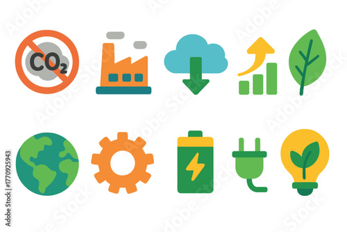 Eco conservation flat icon set: sustainability, energy, environment symbols collection