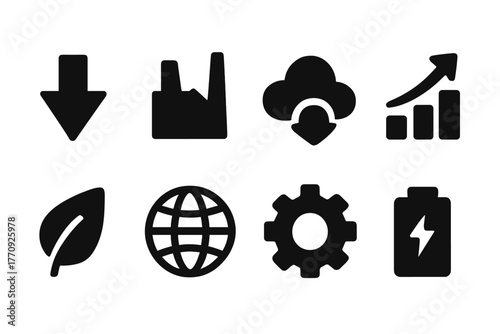 Business growth and technology solid icon set. Sustainability, energy, and industry icons