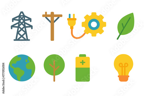 Energy and environment flat icon set. Power, nature, sustainable energy icons collection