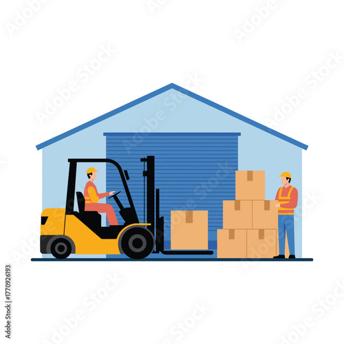 Forklift truck moves boxes near a warehouse with workers for logistics and distribution.