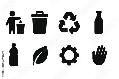 Recycling, waste management solid icon set. Eco-friendly, sustainability icons collection.