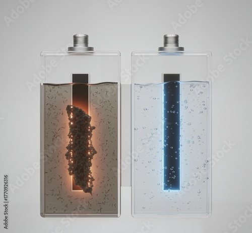 Two-stage illustration of an electrochemical or bio-electrochemical process, showing a contaminated/discharged state
