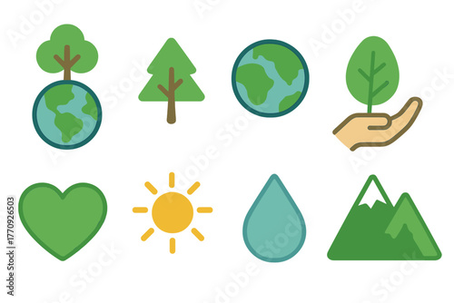 Nature, environment flat icon set. Earth, tree, eco, sustainability icons collection.