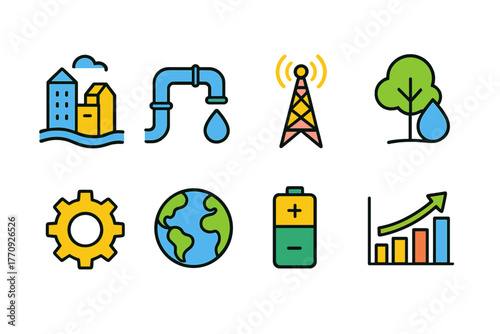 Utilities, environment flat icon set. Urban infrastructure, sustainable resources icons.