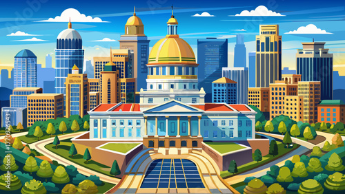 Very beautiful aerial view of the Georgia State Capitol in Atlanta, featuring the iconic golden dome surrounded by downtown buildings, green trees, and clear blue sky highlighting its classic architec