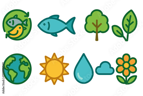 Eco-friendly flat icon set: sustainability, nature, environment symbols in flat style