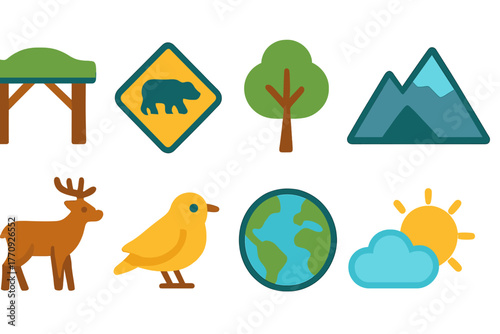 Nature and wildlife flat icon set. Environment, animals, and landscape illustrations