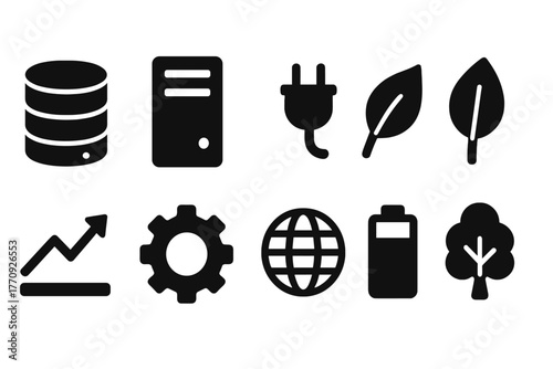 Technology and environment solid icon set. Data, growth, eco-friendly icons collection
