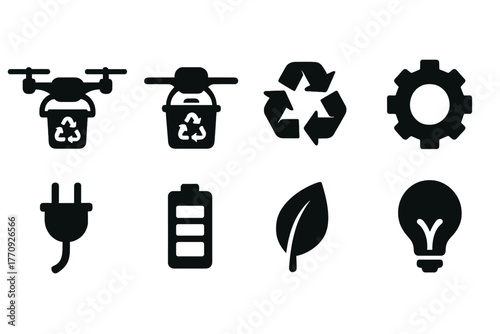 Sustainable technology solid icon set. Recycling, eco-friendly solutions icons collection