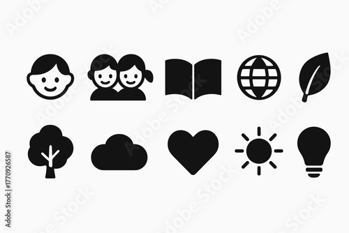 Education, nature silhouette icon set. Learning, environment symbols collection