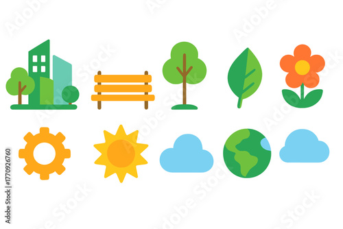 Nature and environment flat icon set. Park, tree, flower, eco icons flat collection