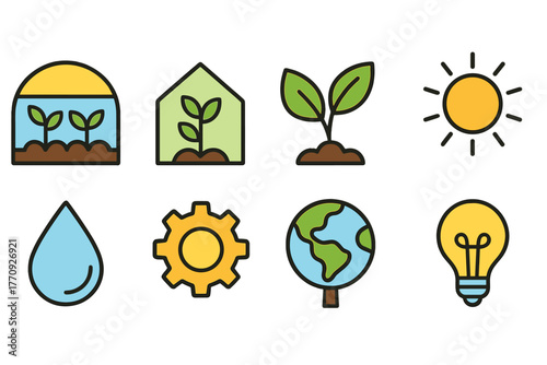 Gardening and environment flat icon set. Nature, sustainability, eco symbols collection.