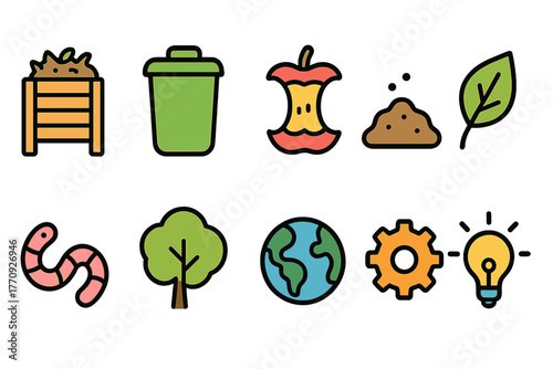 Composting, gardening flat icon set for eco-friendly practices and sustainability