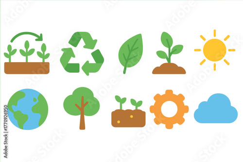Eco-friendly green flat icon set. Environment, nature, sustainability symbols collection