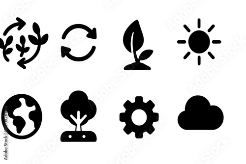 Eco, sustainability solid icon set. Nature, environment conservation symbols collection