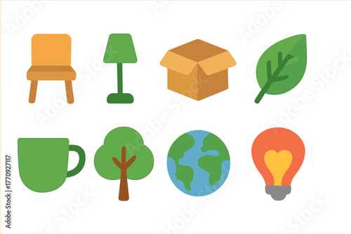 Home and eco flat icon set. Furniture, environment, and nature flat icons collection.