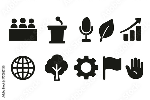 Business, conference solid icon set. Communication and environment icons collection