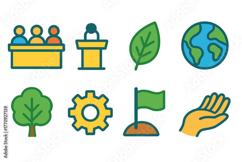 Conference and environment icon set. Flat style business meeting, nature icons collection