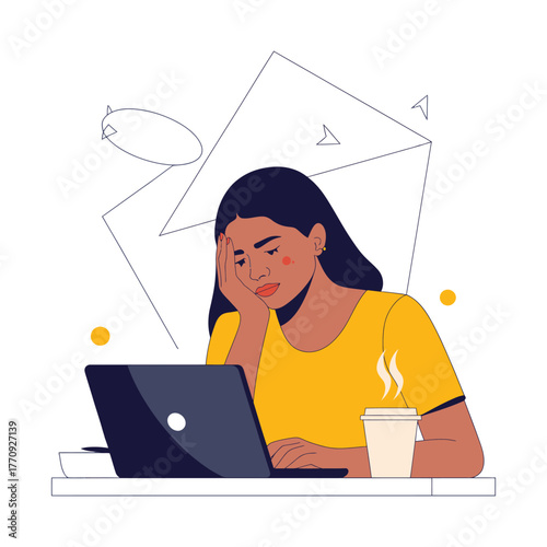 A woman looking tired and stressed while working on her laptop with a coffee nearby.