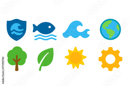 Nature-themed flat icon set. Environment, ecology symbols flat collection