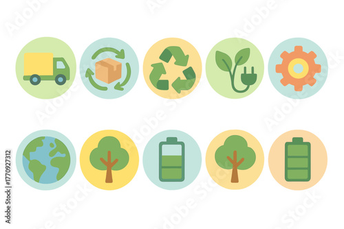 Eco, sustainability flat icon set. Environment, recycling, green energy icon collection
