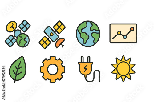 Eco, space, technology flat icon set. Environment, renewable energy, innovation icons