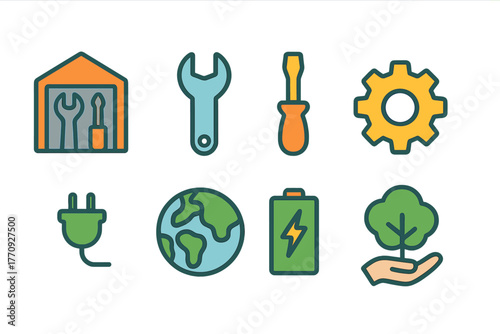 Sustainable energy and ecology outline icon set. Renewable resources and eco tools collection