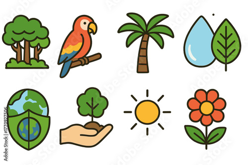Environmental conservation outline icon set. Nature, ecology, sustainability icons collection.