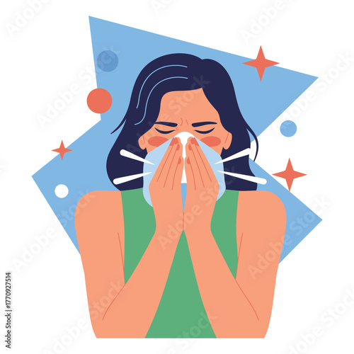 A person is sneezing into a tissue, surrounded by stylized abstract shapes.