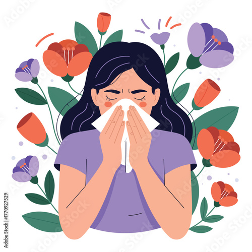 A person blows their nose with a tissue amidst blooming flowers.