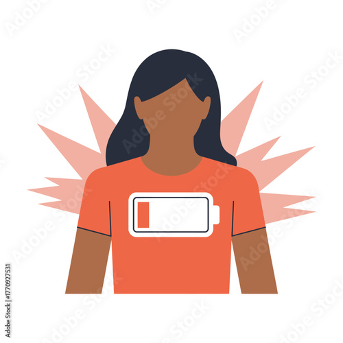 A person depicted with a low battery icon on their chest, symbolizing low energy.