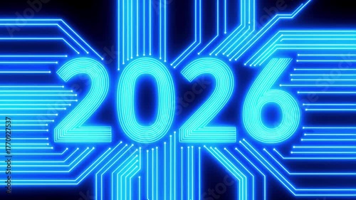 Happy New Year 2026 animation with glow blue lines on black background