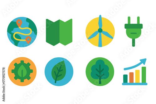 Eco and sustainability flat icon set. Renewable energy, environment icons collection