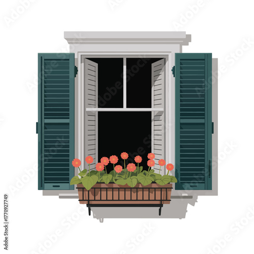 A charming window with green shutters and a flower box filled with bright orange blooms.