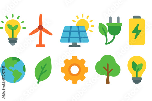 Renewable energy flat icon set. Eco-friendly symbols for sustainable power.
