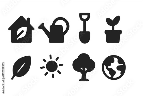 Gardening and nature icon set. Simple and solid icons for eco-friendly projects